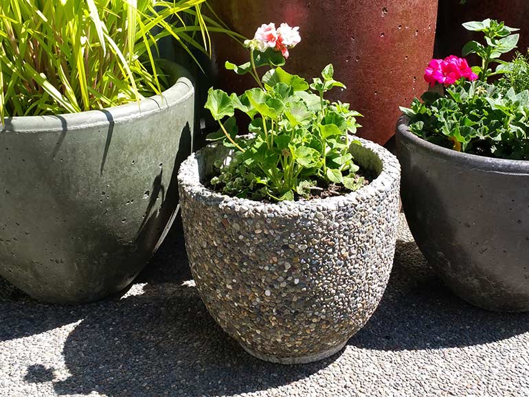 Concrete planters and exposed aggregate cement pots.